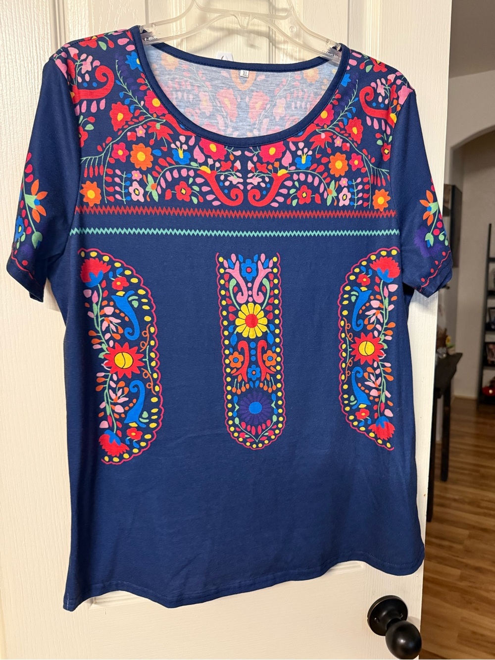 Navy Floral Pattern Short Sleeve Women's Top